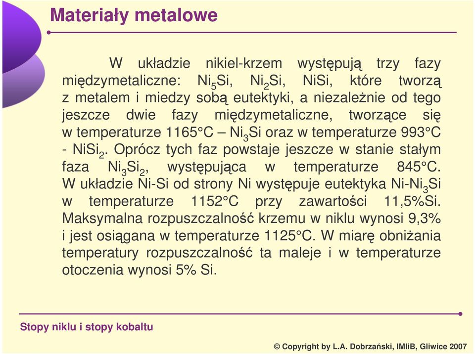 Oprócz tych faz powstaje jeszcze w stanie stałym faza Ni 3 Si 2, wystpujca w temperaturze 845 C.