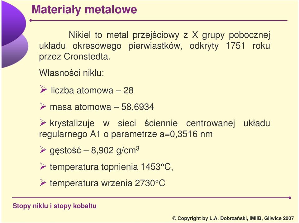 Własnoci niklu: liczba atomowa 28 masa atomowa 58,6934 krystalizuje w sieci