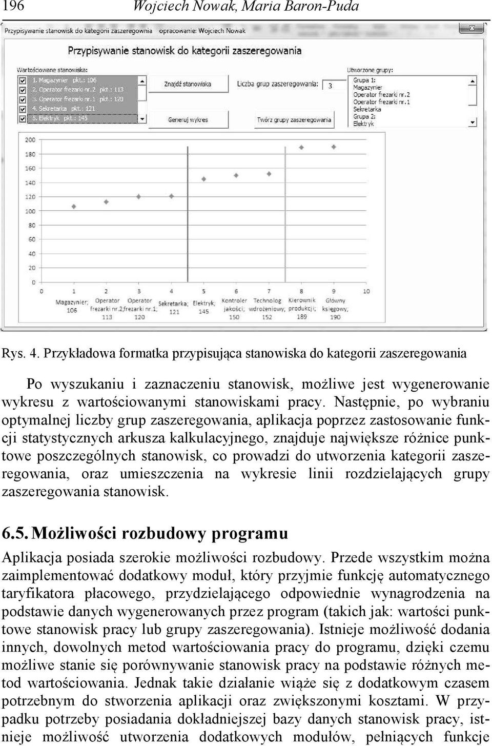 Następnie, po wybraniu optymalnej liczby grup zaszeregowania, aplikacja poprzez zastosowanie funkcji statystycznych arkusza kalkulacyjnego, znajduje największe różnice punktowe poszczególnych