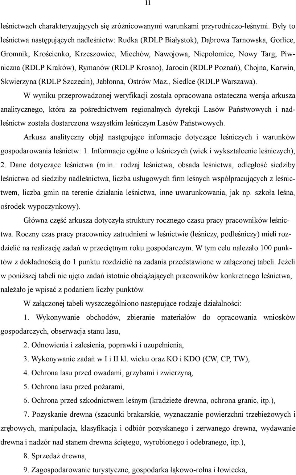 Rymanów (RDLP Krosno), Jarocin (RDLP Poznań), Chojna, Karwin, Skwierzyna (RDLP Szczecin), Jabłonna, Ostrów Maz., Siedlce (RDLP Warszawa).