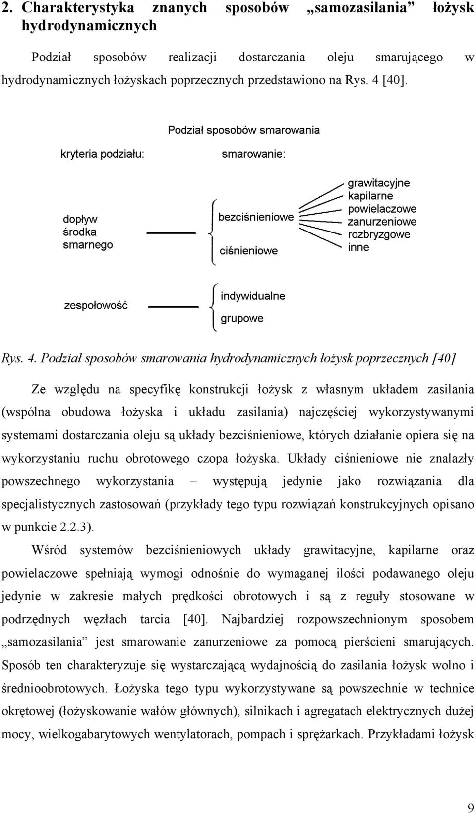 Podział sposobów smarowania hydrodynamicznych łożysk poprzecznych [40] Ze względu na specyfikę konstrukcji łożysk z własnym układem zasilania (wspólna obudowa łożyska i układu zasilania) najczęściej