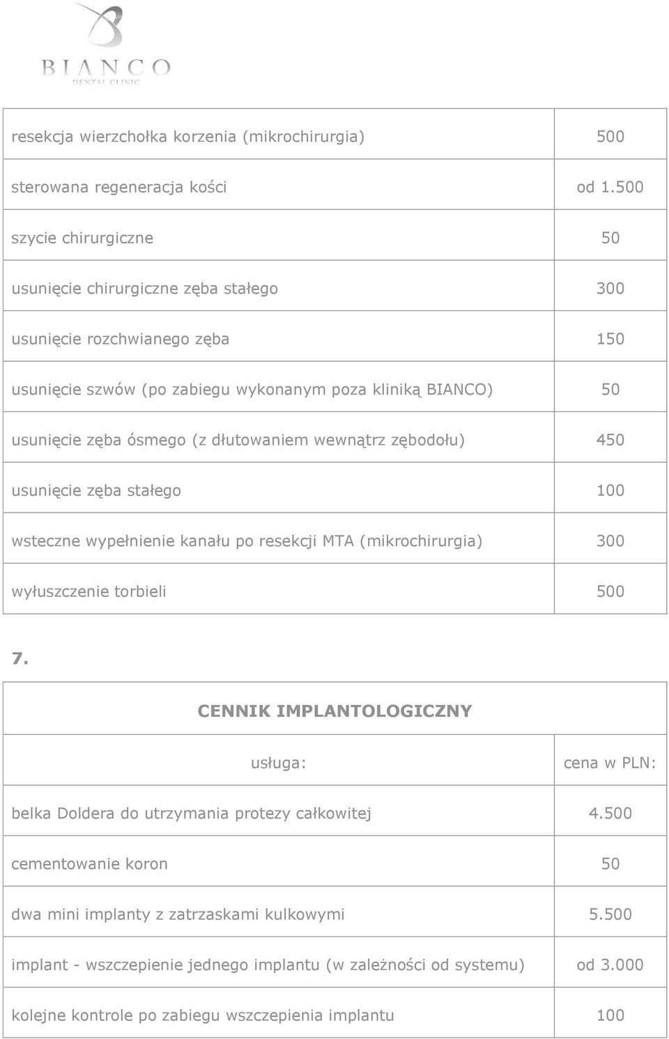 ósmego (z dłutowaniem wewnątrz zębodołu) 450 usunięcie zęba stałego 100 wsteczne wypełnienie kanału po resekcji MTA (mikrochirurgia) 300 wyłuszczenie torbieli 500 7.