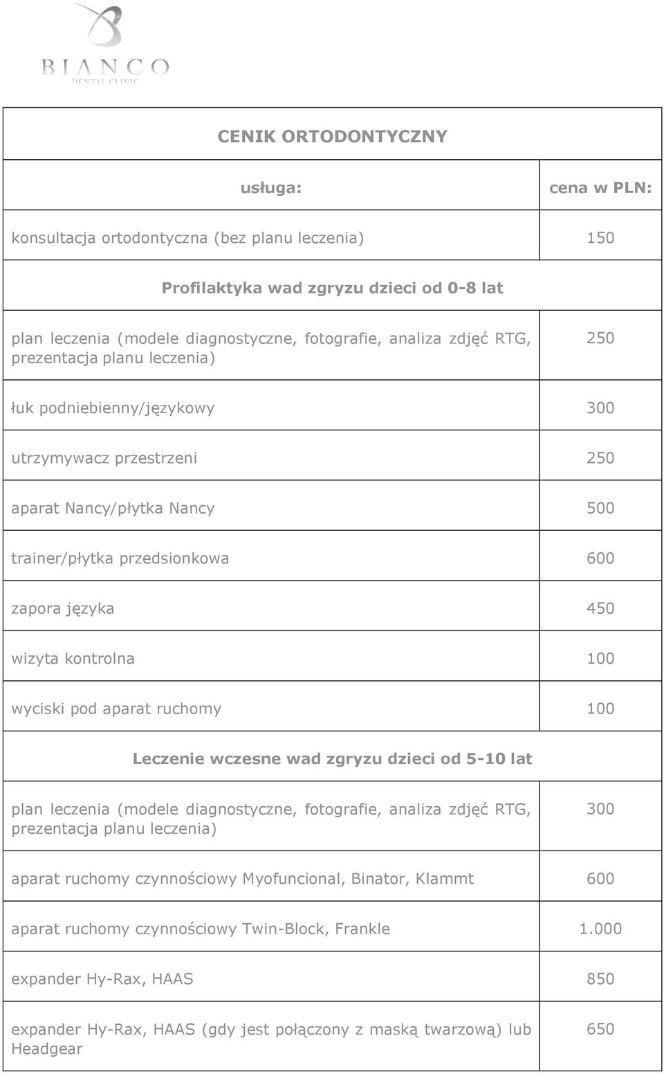 aparat ruchomy 100 Leczenie wczesne wad zgryzu dzieci od 5-10 lat plan leczenia (modele diagnostyczne, fotografie, analiza zdjęć RTG, prezentacja planu leczenia) 300 aparat ruchomy