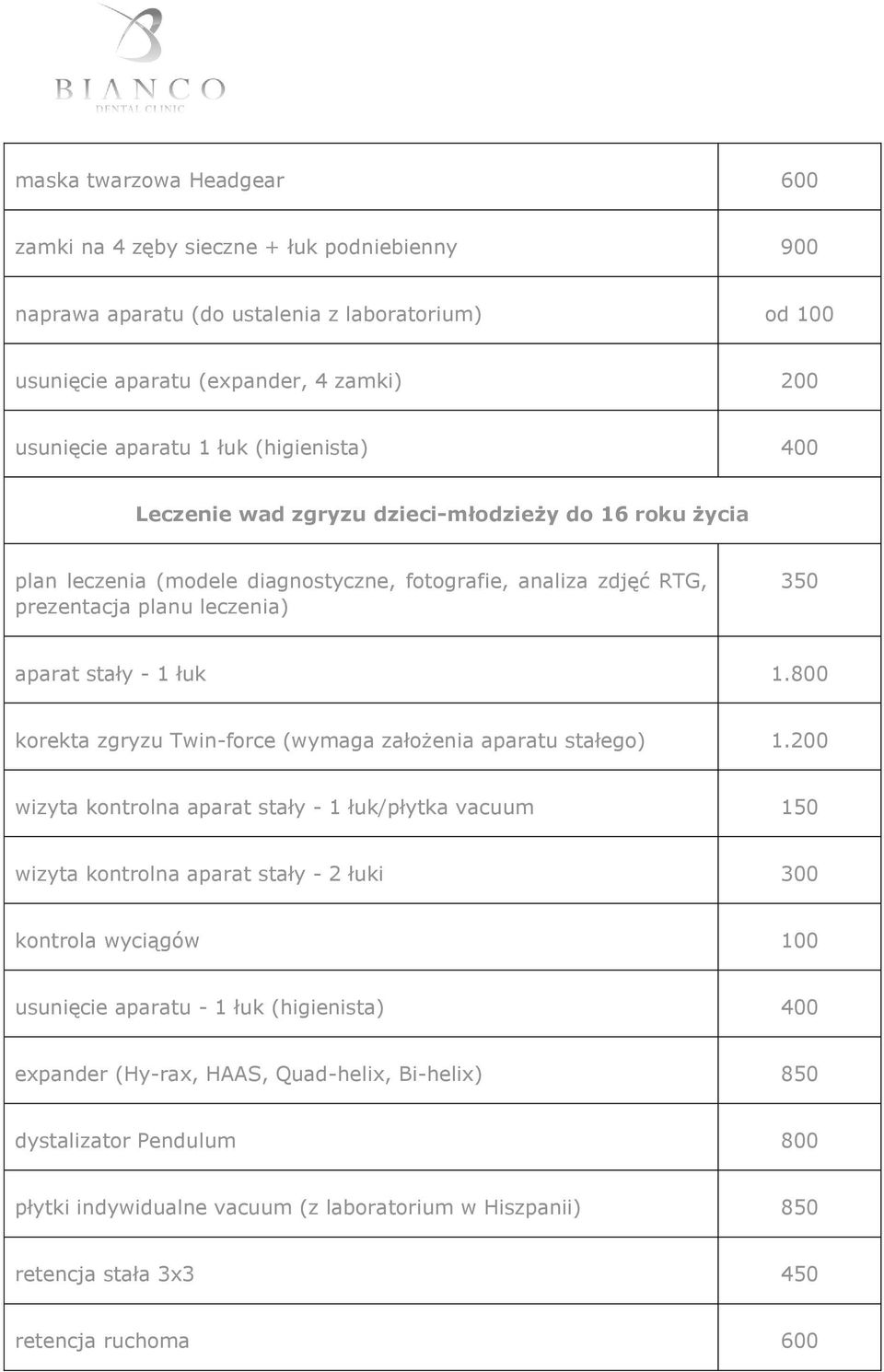 800 korekta zgryzu Twin-force (wymaga założenia aparatu stałego) 1.