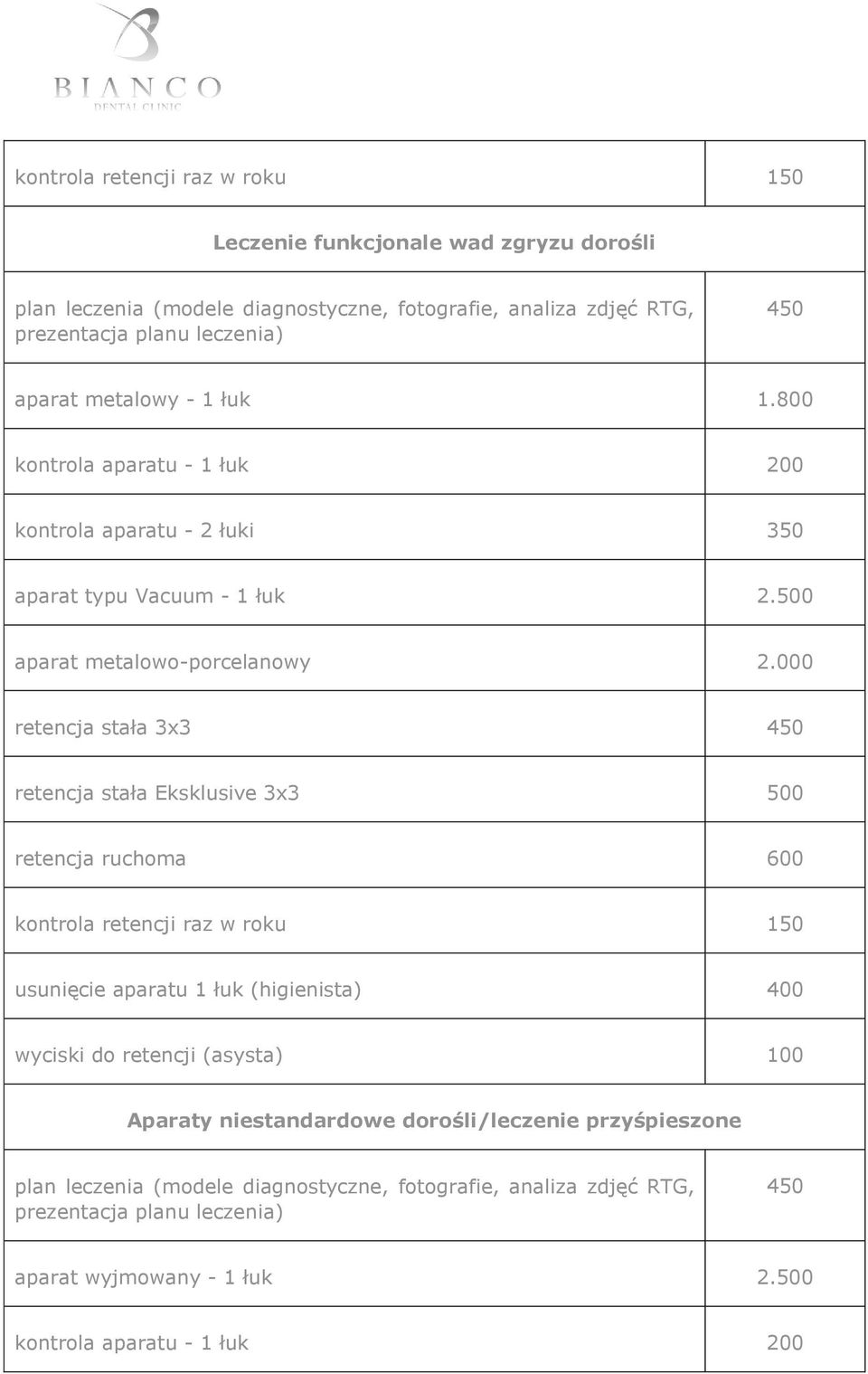 000 retencja stała 3x3 450 retencja stała Eksklusive 3x3 500 retencja ruchoma 600 kontrola retencji raz w roku 150 usunięcie aparatu 1 łuk (higienista) 400 wyciski do retencji