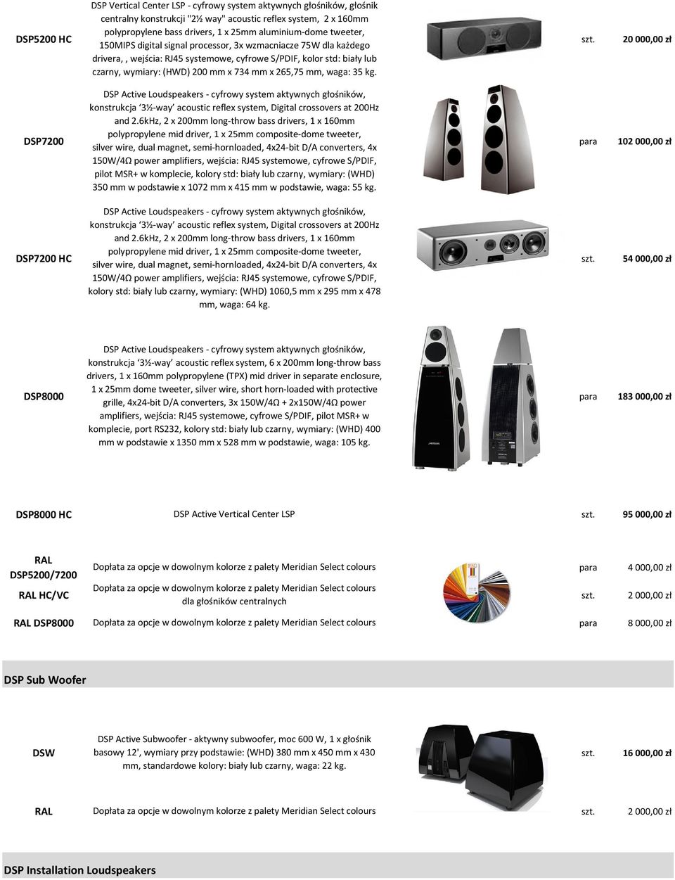 265,75 mm, waga: 35 kg. konstrukcja 3½-way acoustic reflex system, Digital crossovers at 200Hz and 2.