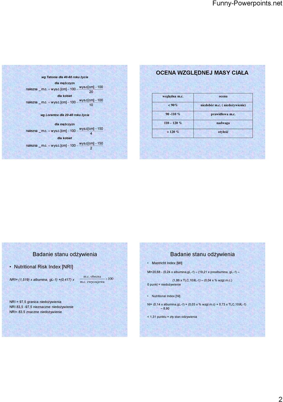 c. 110 10 % nadwaga > 10 % otyłość Badanie stanu odżywienia Badanie stanu odżywienia Nutritional Risk Index [NRI] NRI= (1,519) x albumina, gl-1) +(0,417) x m.c. obecna 100 m.c. zwyczajowa Mastricht Index [MI] MI=0,68 - (0,4 x albumina,gl-1) (19,1 x prealbumina, gl-1) (1,86 x TLC,109L-1) (0,04 x % wzgl.