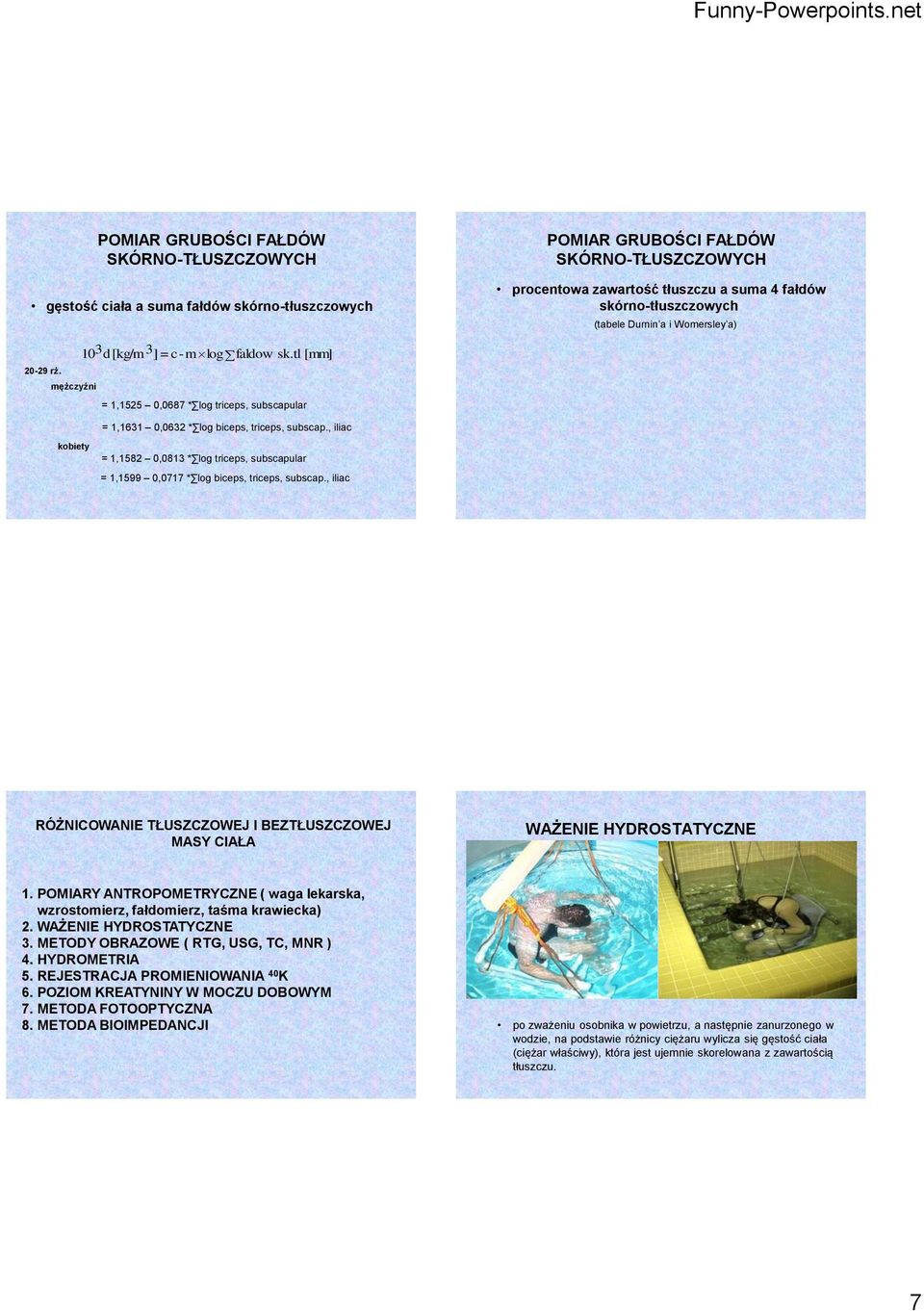 , iliac kobiety = 1,158 0,0813 * log triceps, subscapular = 1,1599 0,0717 * log biceps, triceps, subscap., iliac RÓŻNICOWANIE TŁUSZCZOWEJ I BEZTŁUSZCZOWEJ MASY CIAŁA WAŻENIE HYDROSTATYCZNE 1.