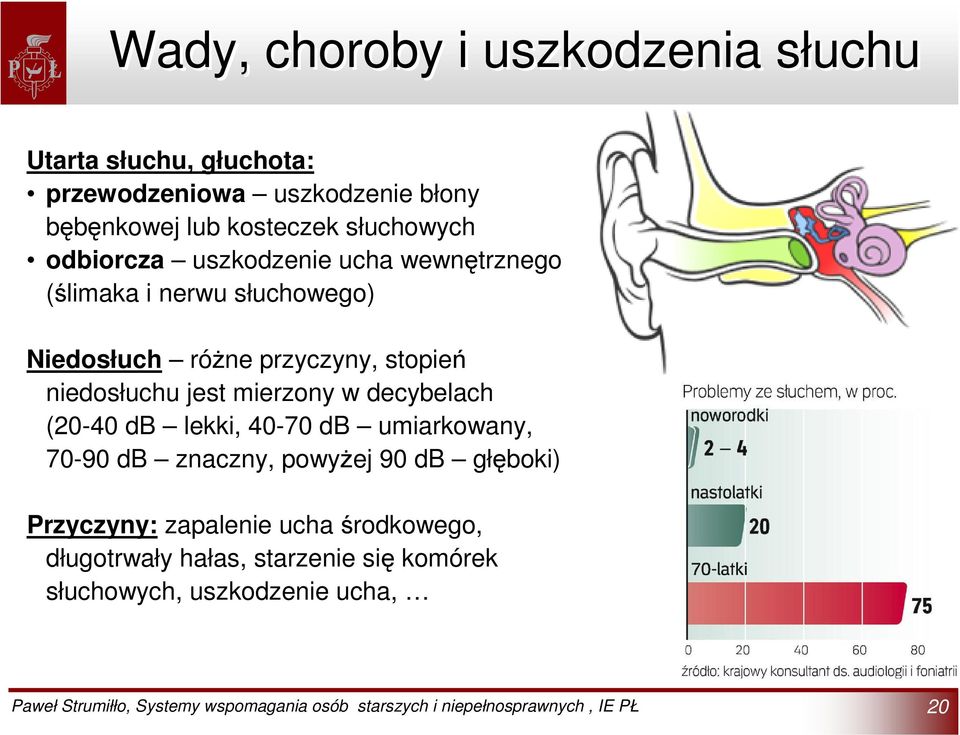 przyczyny, stopień niedosłuchu jest mierzony w decybelach (20-40 db lekki, 40-70 db umiarkowany, 70-90 db znaczny,