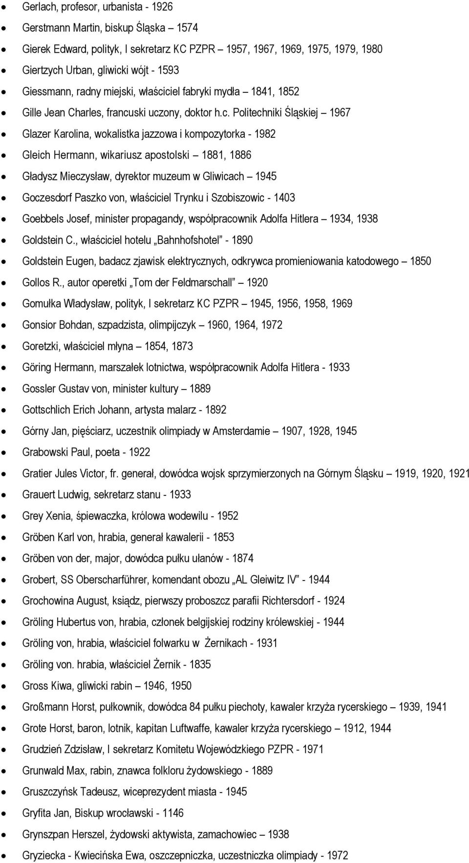 ciel fabryki mydła 1841, 1852 Gille Jean Charles, francuski uczony, doktor h.c. Politechniki Śląskiej 1967 Glazer Karolina, wokalistka jazzowa i kompozytorka - 1982 Gleich Hermann, wikariusz