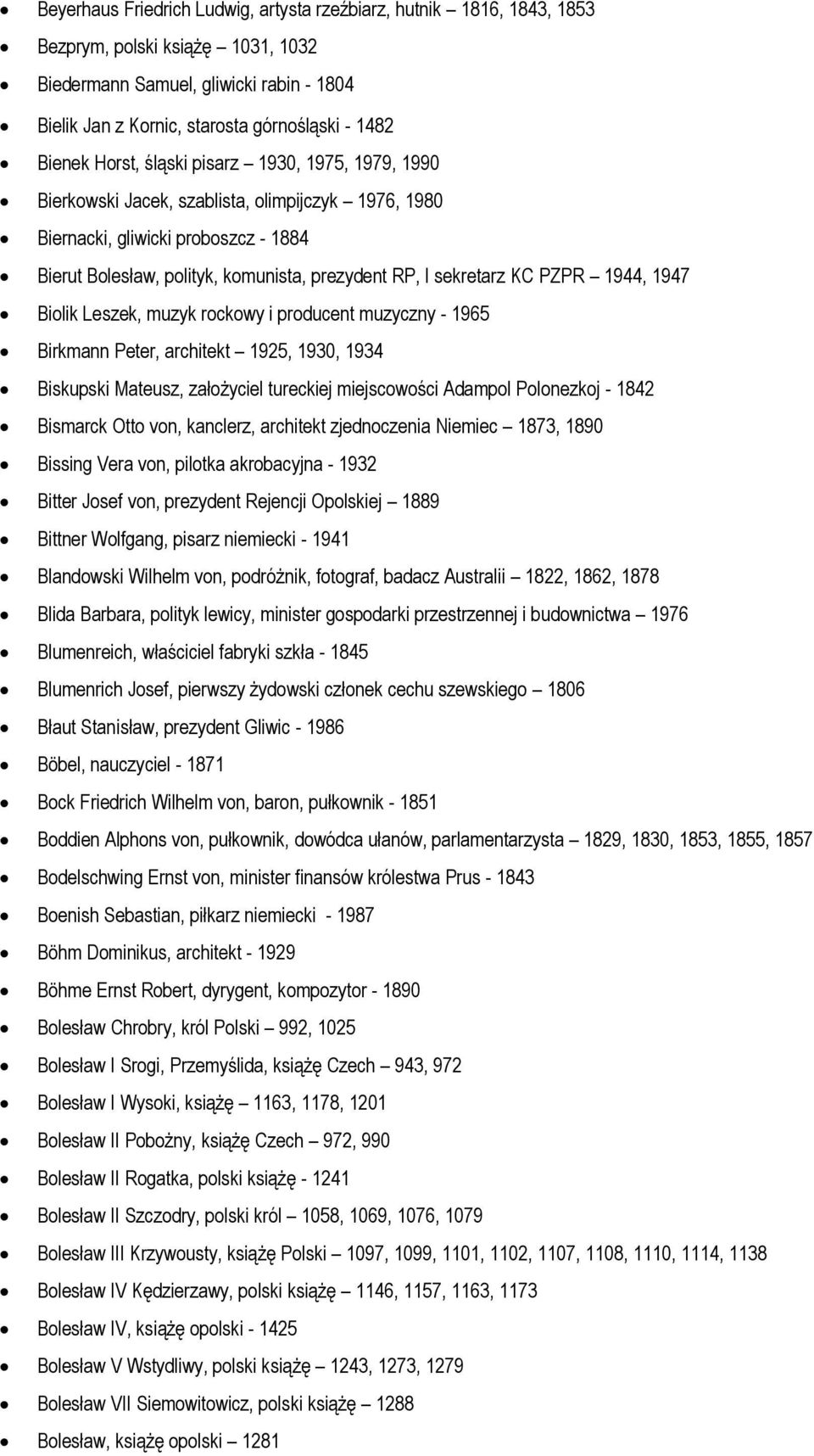 sekretarz KC PZPR 1944, 1947 Biolik Leszek, muzyk rockowy i producent muzyczny - 1965 Birkmann Peter, architekt 1925, 1930, 1934 Biskupski Mateusz, założyciel tureckiej miejscowości Adampol