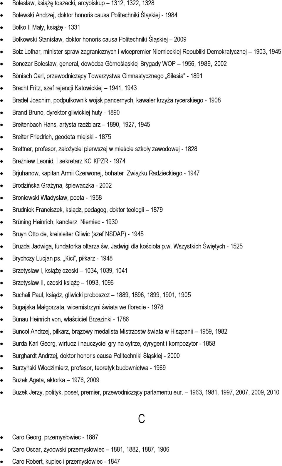 1989, 2002 Bönisch Carl, przewodniczący Towarzystwa Gimnastycznego Silesia - 1891 Bracht Fritz, szef rejencji Katowickiej 1941, 1943 Bradel Joachim, podpułkownik wojsk pancernych, kawaler krzyża
