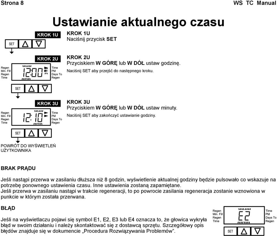 POWRÓT DO WYŚWIETLEŃ UŻYTKOWNIKA BRAK PRĄDU Jeśli nastąpi przerwa w zasilaniu dłuższa niż 8 godzin, wyświetlenie aktualnej godziny będzie pulsowało co wskazuje na potrzebę ponownego ustawienia czasu.