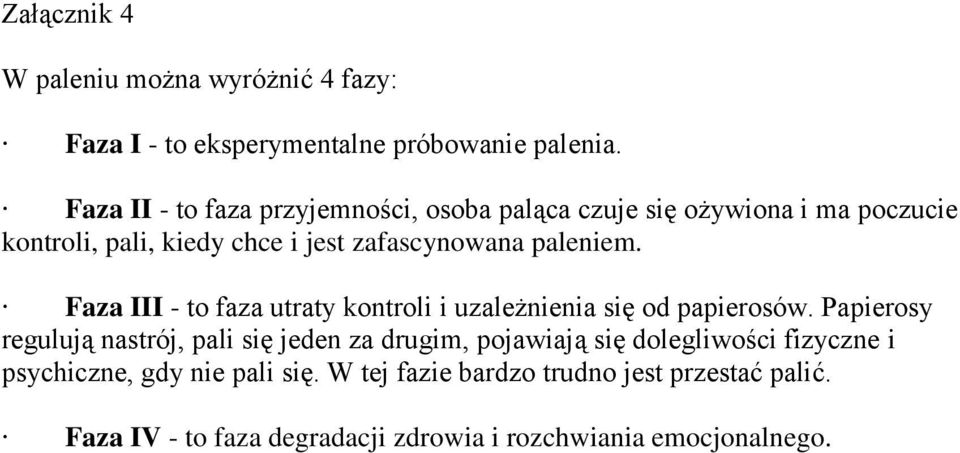 paleniem. Faza III - to faza utraty kontroli i uzależnienia się od papierosów.