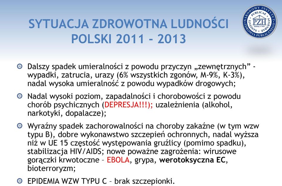 !!); uzależnienia (alkohol, narkotyki, dopalacze); Wyraźny spadek zachorowalności na choroby zakaźne (w tym wzw typu B), dobre wykonawstwo szczepień ochronnych, nadal wyższa