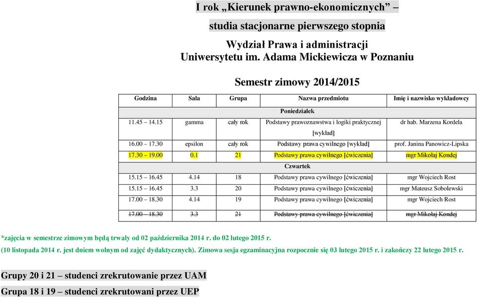 15 gamma cały rok Podstawy prawoznawstwa i logiki praktycznej [wykład] dr hab. Marzena Kordela 16.00 17.30 epsilon cały rok Podstawy prawa cywilnego [wykład] prof. Janina Panowicz-Lipska 17.30 19.