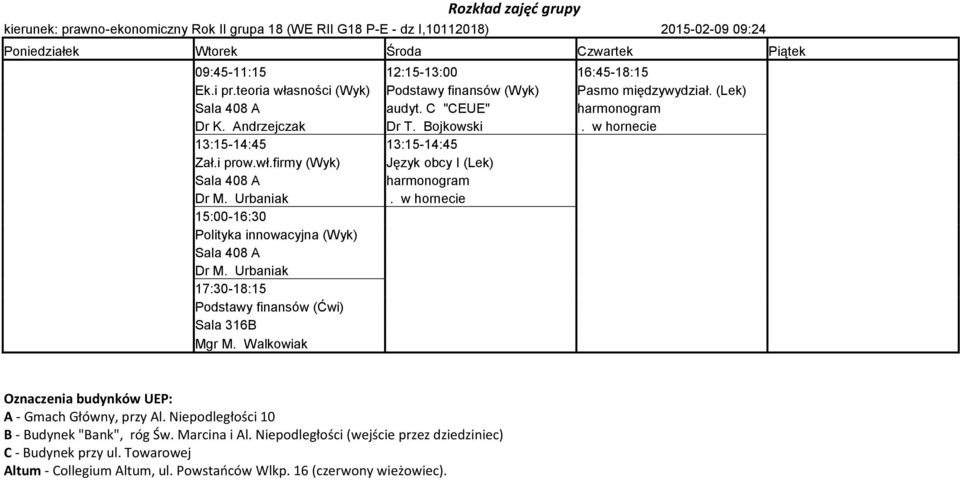Urbaniak 15:00-16:30 Polityka innowacyjna (Wyk) Sala 408 A Dr M. Urbaniak 17:30-18:15 Podstawy finansów (Ćwi) Sala 316B Mgr M. Walkowiak Oznaczenia budynków UEP: A - Gmach Główny, przy Al.