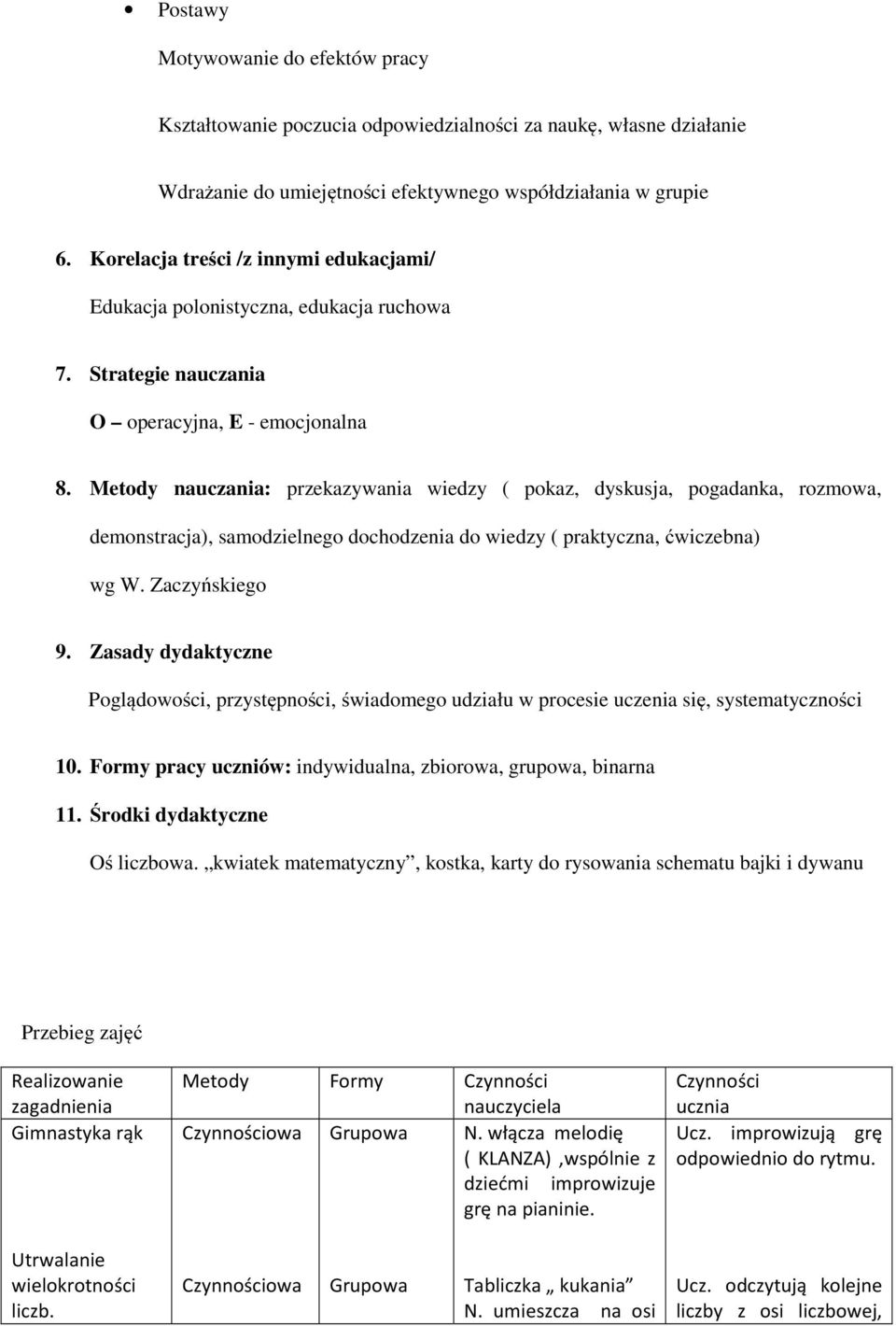 Metody nauczania: przekazywania wiedzy ( pokaz, dyskusja, pogadanka, rozmowa, demonstracja), samodzielnego dochodzenia do wiedzy ( praktyczna, ćwiczebna) wg W. Zaczyńskiego 9.