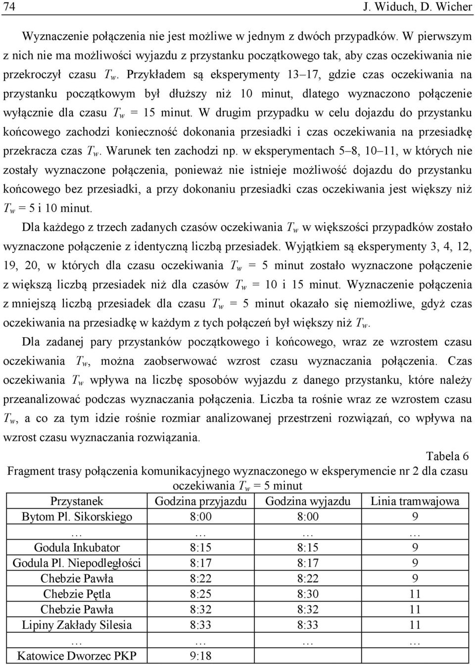 Przykładem są eksperymenty 13 17, gdzie czas oczekiwania na przystanku początkowym był dłuższy niż 10 minut, dlatego wyznaczono połączenie wyłącznie dla czasu T w = 15 minut.