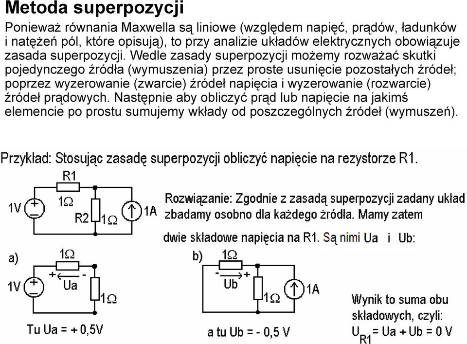 Wedle zasady superpozycji możemy rozważać skutki pojedynczego źródła (wymuszenia) przez proste usunięcie pozostałych źródeł; poprzez