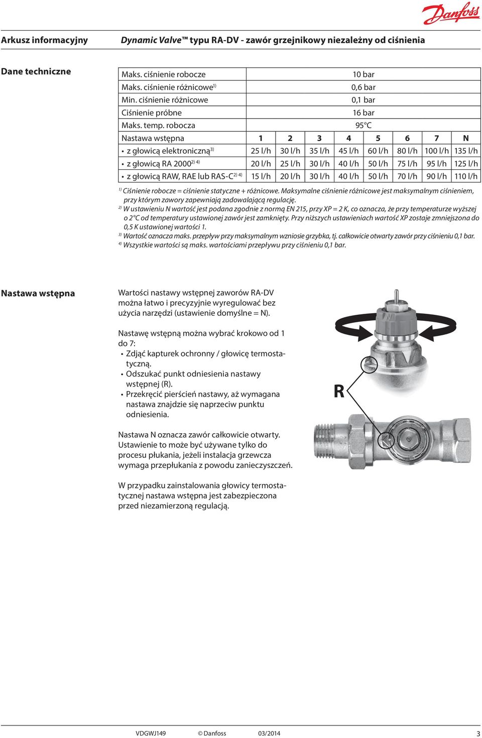 l/h 125 l/h z głowicą RAW, RAE lub RAS-C 2) 4) 15 l/h 20 l/h 30 l/h 40 l/h 50 l/h 70 l/h 90 l/h 110 l/h 1) Ciśnienie robocze = ciśnienie statyczne + różnicowe.