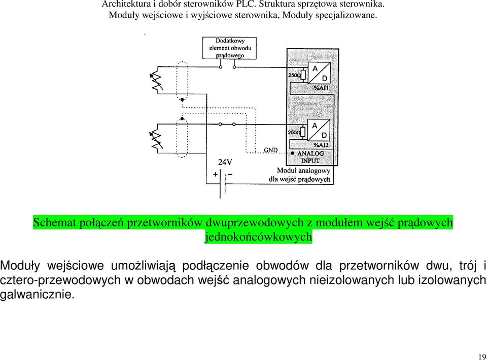 podłączenie obwodów dla przetworników dwu, trój i