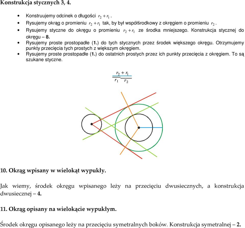 Otrzymujemy punkty przecięcia tych prostych z większym okręgiem. Rysujemy proste prostopadłe (1.) do ostatnich prostych przez ich punkty przecięcia z okręgiem. To są szukane styczne.