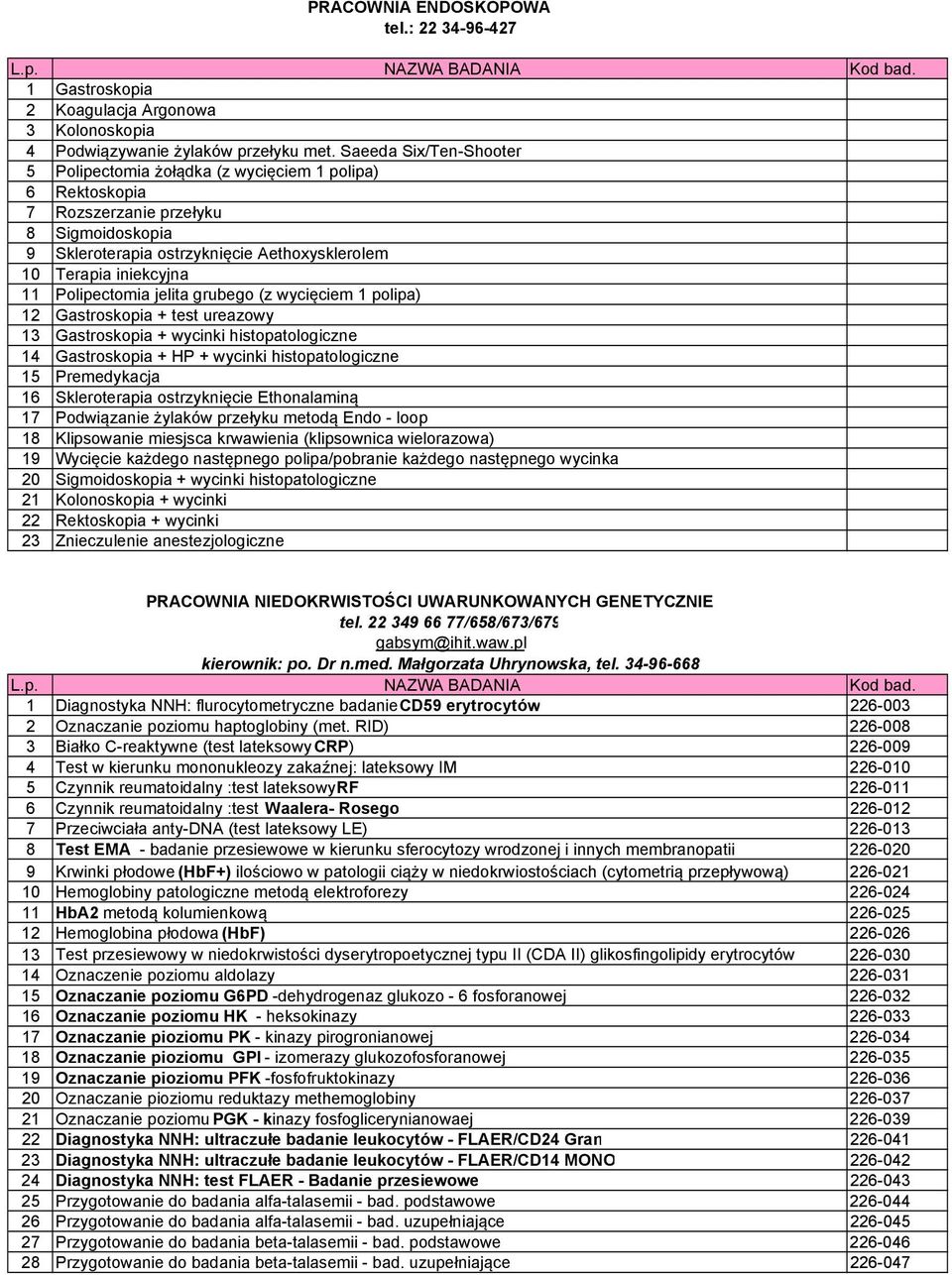 Polipectomia jelita grubego (z wycięciem 1 polipa) 12 Gastroskopia + test ureazowy 13 Gastroskopia + wycinki histopatologiczne 14 Gastroskopia + HP + wycinki histopatologiczne 15 Premedykacja 16