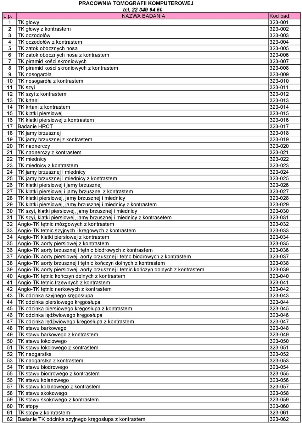 323-006 7 TK piramid kości skroniowych 323-007 8 TK piramid kości skroniowych z kontrastem 323-008 9 TK nosogardła 323-009 10 TK nosogardła z kontrastem 323-010 11 TK szyi 323-011 12 TK szyi z