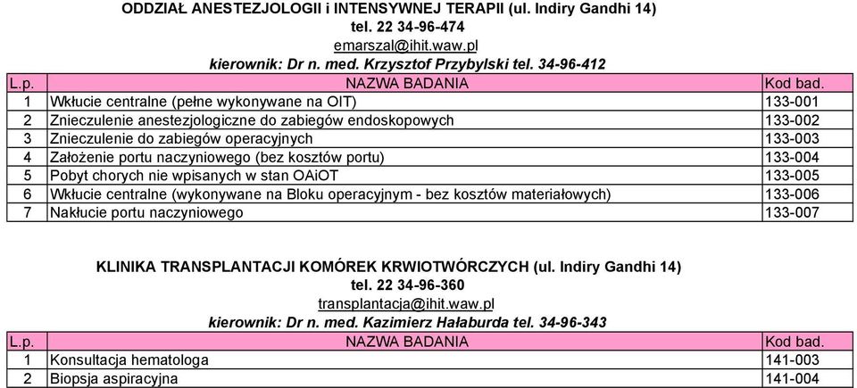 naczyniowego (bez kosztów portu) 133-004 5 Pobyt chorych nie wpisanych w stan OAiOT 133-005 6 Wkłucie centralne (wykonywane na Bloku operacyjnym - bez kosztów materiałowych) 133-006 7 Nakłucie portu