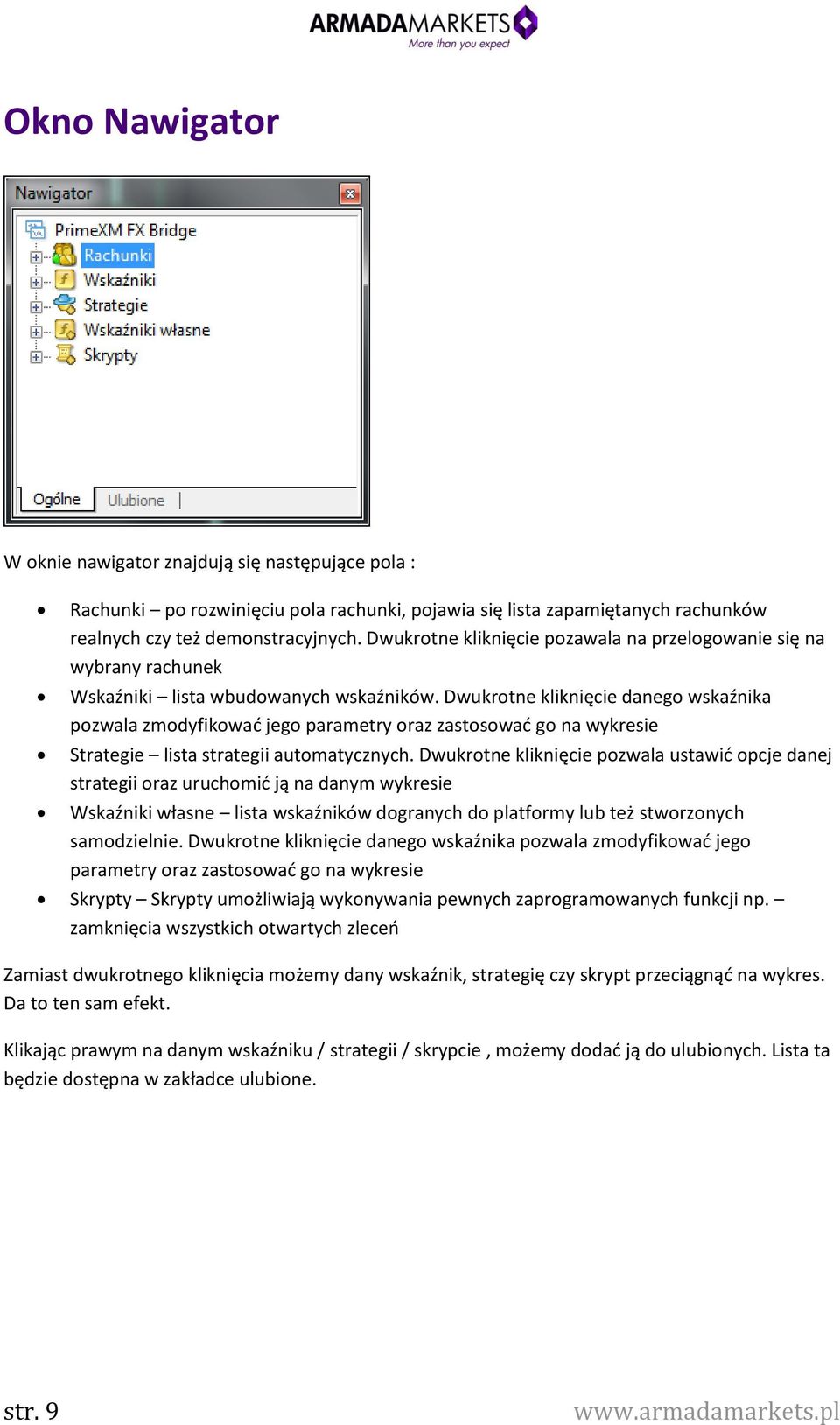 Dwukrotne kliknięcie danego wskaźnika pozwala zmodyfikować jego parametry oraz zastosować go na wykresie Strategie lista strategii automatycznych.