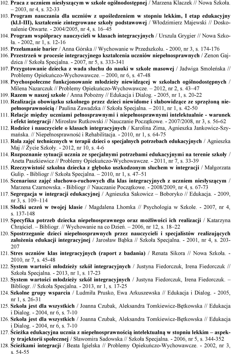 - 2004/2005, nr 4, s. 16 45 104. Program współpracy nauczycieli w klasach integracyjnych / Urszula Grygier // Nowa Szkoła. - 2002, nr 1, s. 12-16 105.