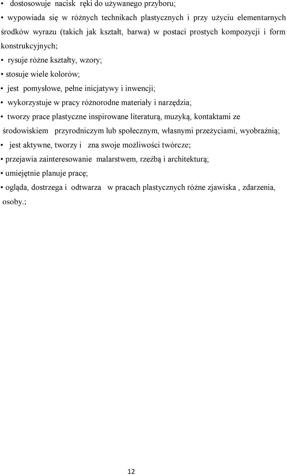 tworzy prace plastyczne inspirowane literaturą, muzyką, kontaktami ze środowiskiem przyrodniczym lub społecznym, własnymi przeżyciami, wyobraźnią; jest aktywne, tworzy i zna swoje