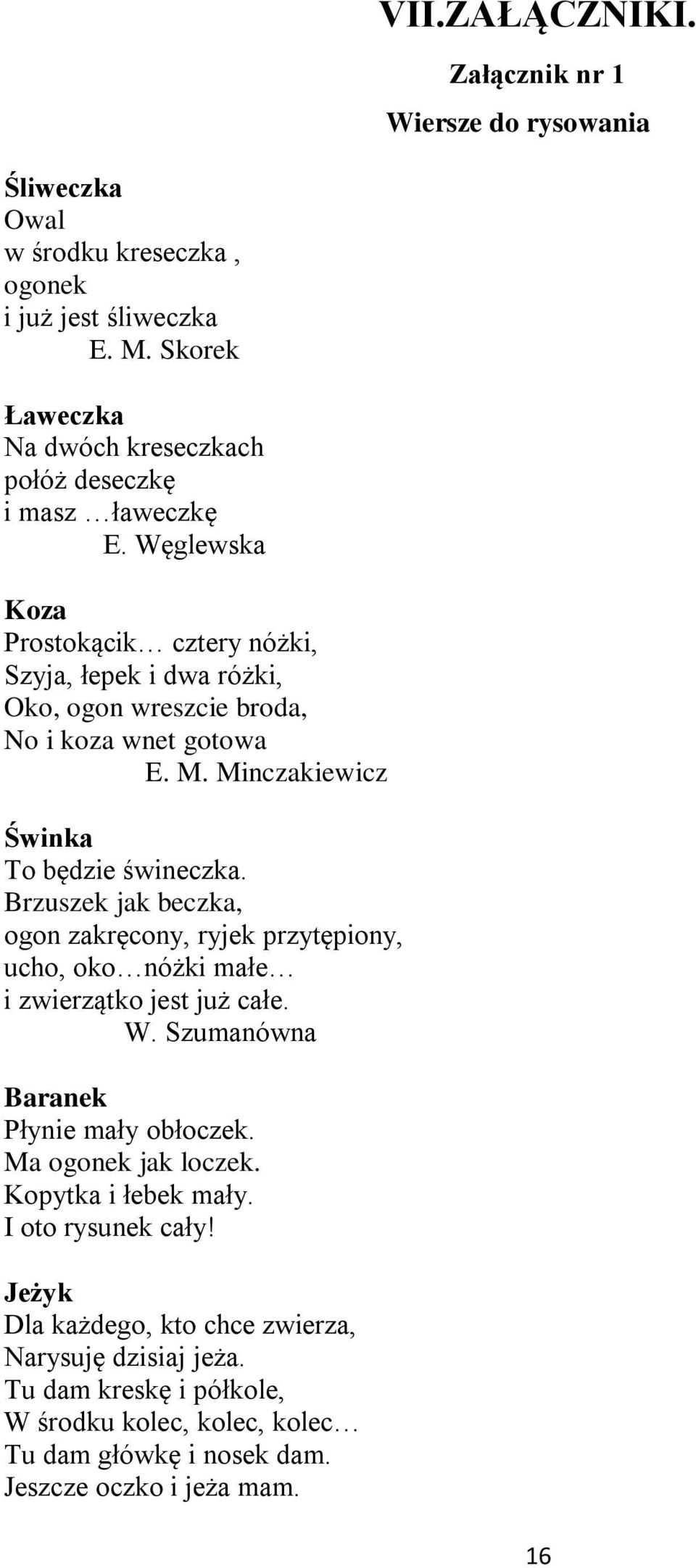 Węglewska Koza Prostokącik cztery nóżki, Szyja, łepek i dwa różki, Oko, ogon wreszcie broda, No i koza wnet gotowa E. M. Minczakiewicz Świnka To będzie świneczka.