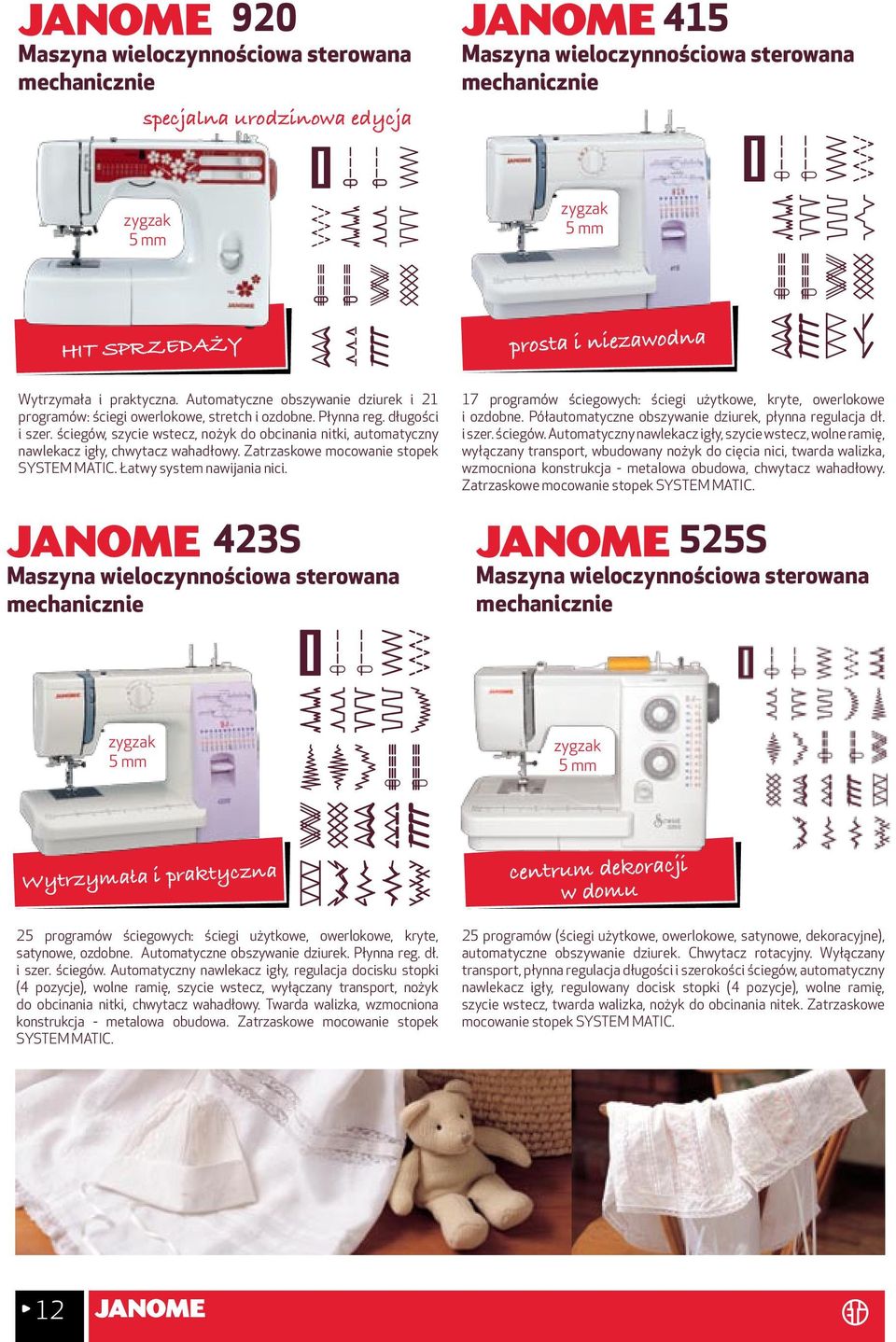 ściegów, szycie wstecz, nożyk do obcinania nitki, automatyczny nawlekacz igły, chwytacz wahadłowy. Zatrzaskowe mocowanie stopek SYSTEM MATIC. Łatwy system nawijania nici.