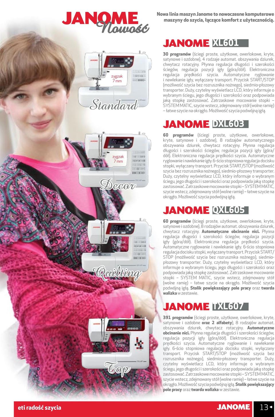 Płynna regulacja długości i szerokości ściegów, regulacja pozycji igły (góra/dół). Elektroniczna regulacja prędkości szycia. Automatyczne ryglowanie i nawlekanie igły, wyłączany transport.