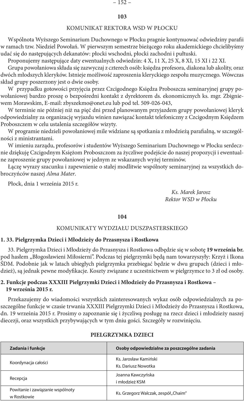 Proponujemy następujące daty ewentualnych odwiedzin: 4 X, 11 X, 25 X, 8 XI, 15 XI i 22 XI.