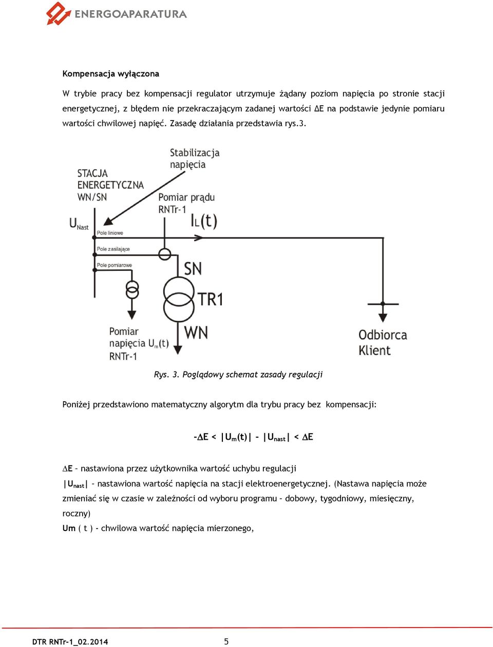 Poglądowy schemat zasady regulacji Poniżej przedstawiono matematyczny algorytm dla trybu pracy bez kompensacji: - E < U m (t) - U nast < E E nastawiona przez użytkownika wartość