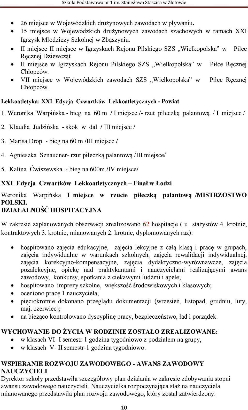 II miejsce II miejsce w Igrzyskach Rejonu Pilskiego SZS Wielkopolska w Piłce Ręcznej Dziewcząt II miejsce w Igrzyskach Rejonu Pilskiego SZS Wielkopolska w Piłce Ręcznej Chłopców.