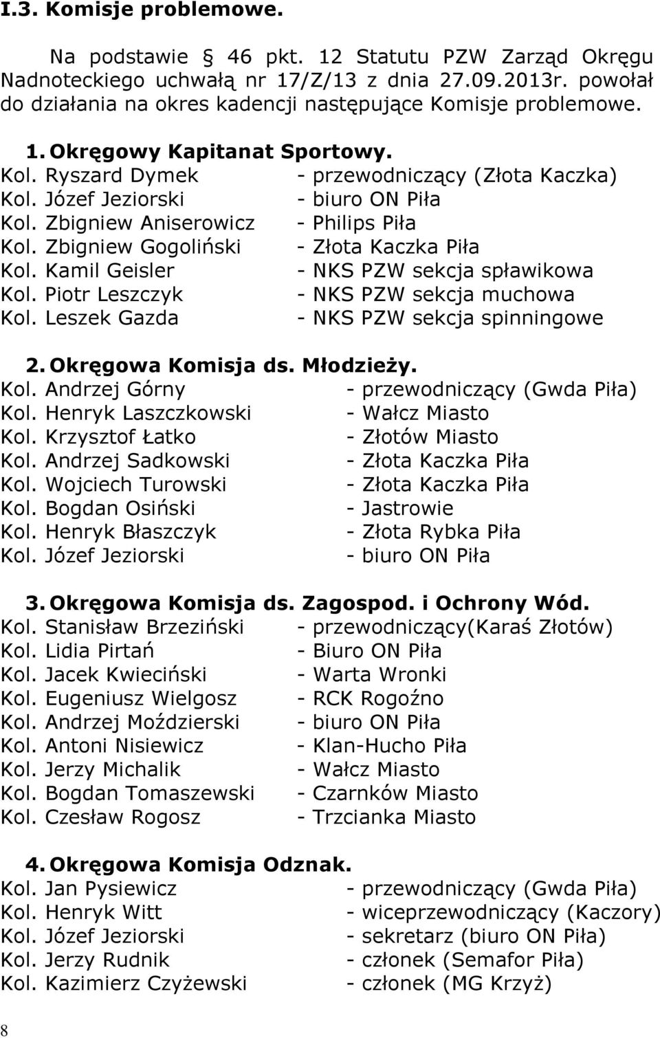 Zbigniew Gogoliński - Złota Kaczka Piła Kol. Kamil Geisler - NKS PZW sekcja spławikowa Kol. Piotr Leszczyk - NKS PZW sekcja muchowa Kol. Leszek Gazda - NKS PZW sekcja spinningowe 2.
