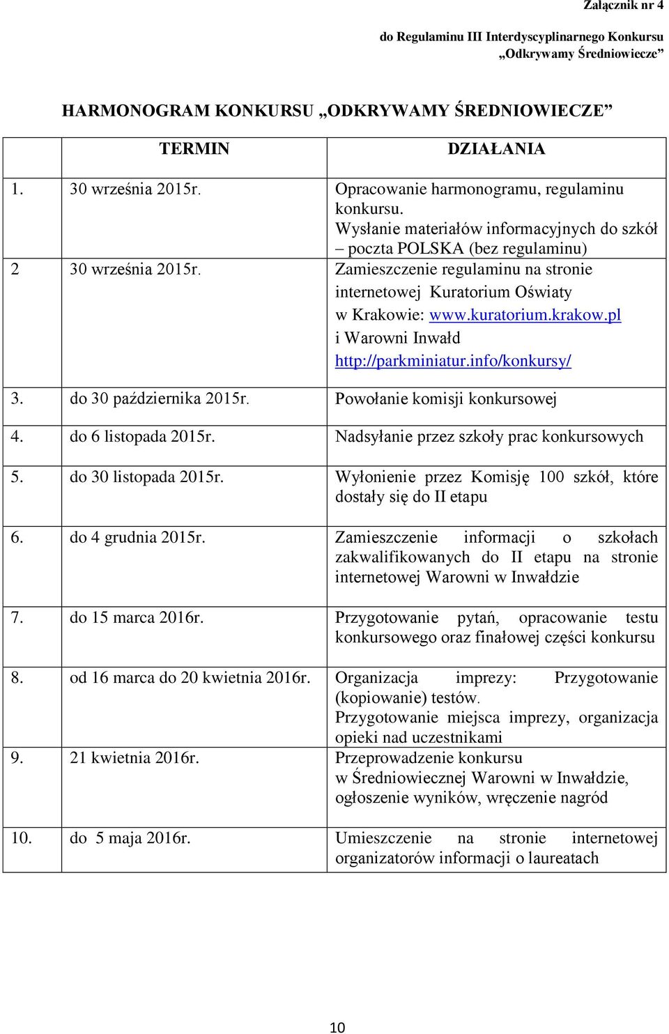 Zamieszczenie regulaminu na stronie internetowej Kuratorium Oświaty w Krakowie: www.kuratorium.krakow.pl i Warowni Inwałd http://parkminiatur.info/konkursy/ 3. do 30 października 2015r.