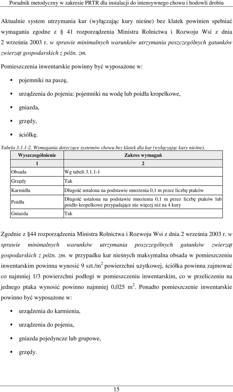 Pomieszczenia inwentarskie powinny być wyposaŝone w: pojemniki na paszę, urządzenia do pojenia: pojemniki na wodę lub poidła kropelkowe, gniazda, grzędy, ściółkę. Tabela 3.1.1-2.