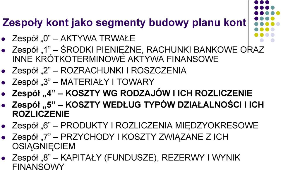 RODZAJÓW I ICH ROZLICZENIE Zespół 5 KOSZTY WEDŁUG TYPÓW DZIAŁALNOŚCI I ICH ROZLICZENIE Zespół 6 PRODUKTY I ROZLICZENIA