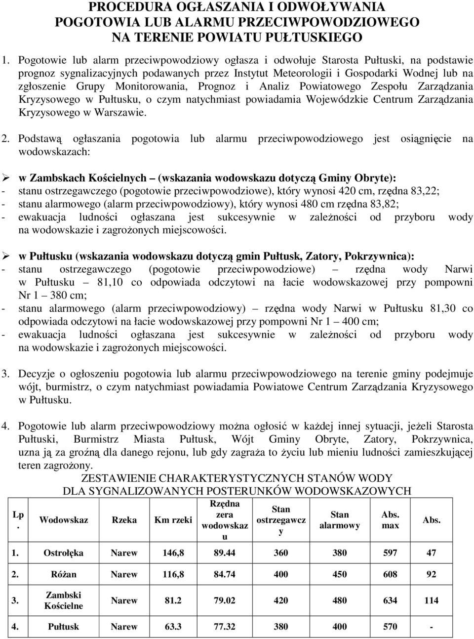 Monitorowania, Prognoz i Analiz Powiatowego Zespołu Zarządzania Kryzysowego w Pułtusku, o czym natychmiast powiadamia Wojewódzkie Centrum Zarządzania Kryzysowego w Warszawie. 2.