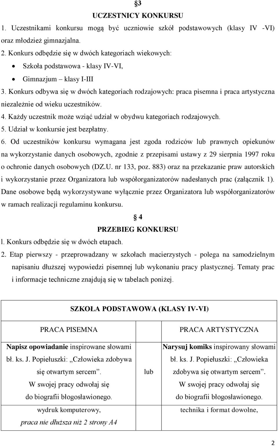 Konkurs odbywa się w dwóch kategoriach rodzajowych: praca pisemna i praca artystyczna niezależnie od wieku uczestników. 4. Każdy uczestnik może wziąć udział w obydwu kategoriach rodzajowych. 5.