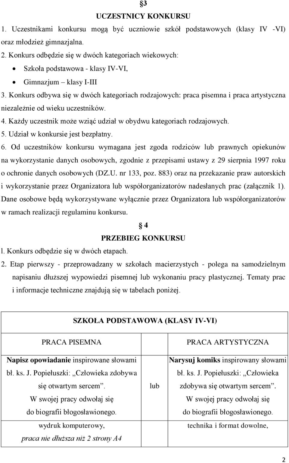 Konkurs odbywa się w dwóch kategoriach rodzajowych: praca pisemna i praca artystyczna niezależnie od wieku uczestników. 4. Każdy uczestnik może wziąć udział w obydwu kategoriach rodzajowych. 5.