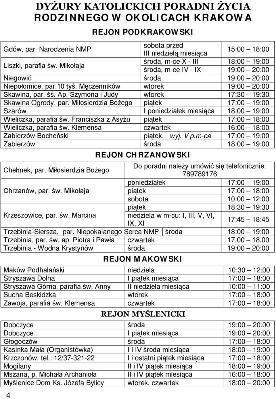 Szymona i Judy wtorek 17:30 19:30 Skawina Ogrody, par. Miłosierdzia Bożego piątek 17:00 19:00 Szarów I poniedziałek miesiąca 18:00 19:00 Wieliczka, parafia św.