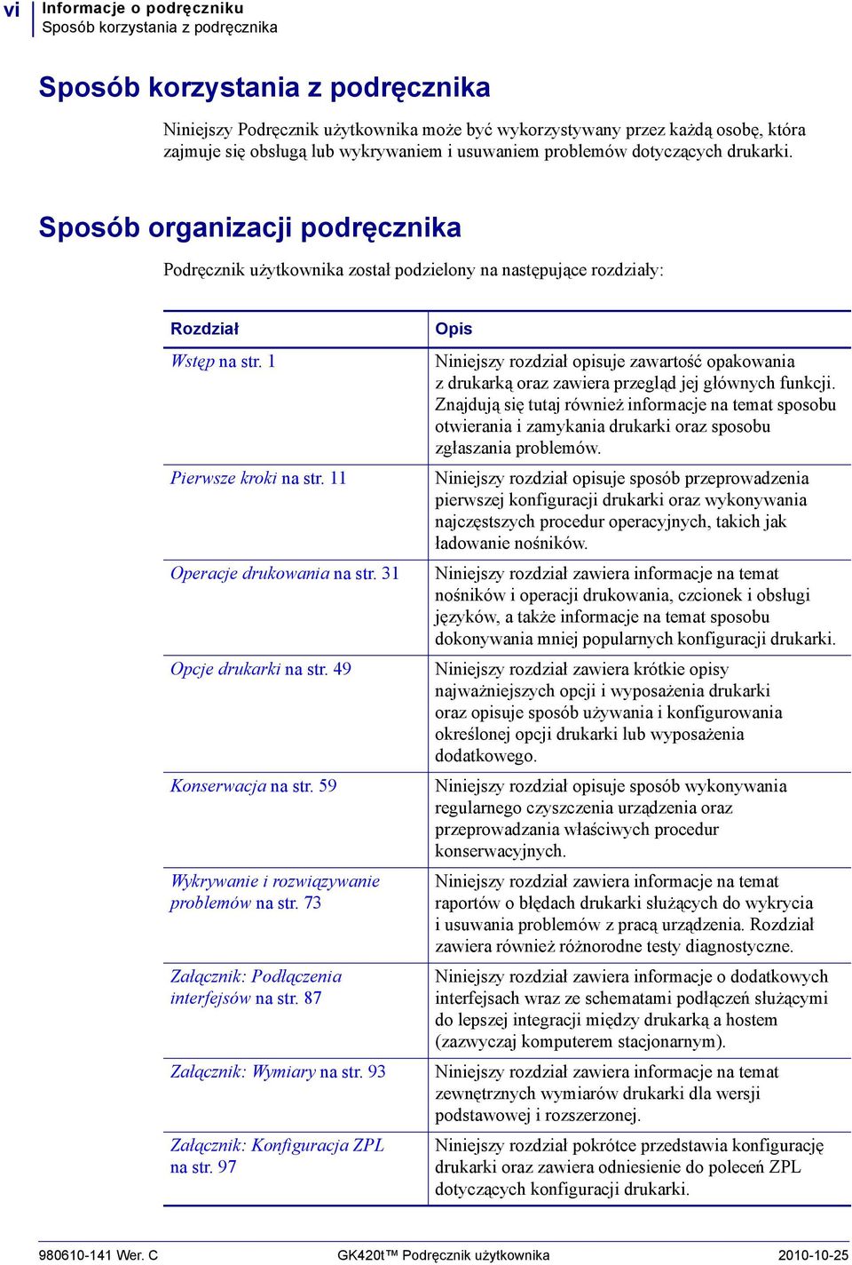 1 Pierwsze kroki na str. 11 Operacje drukowania na str. 31 Opcje drukarki na str. 49 Konserwacja na str. 59 Wykrywanie i rozwiązywanie problemów na str. 73 Załącznik: Podłączenia interfejsów na str.