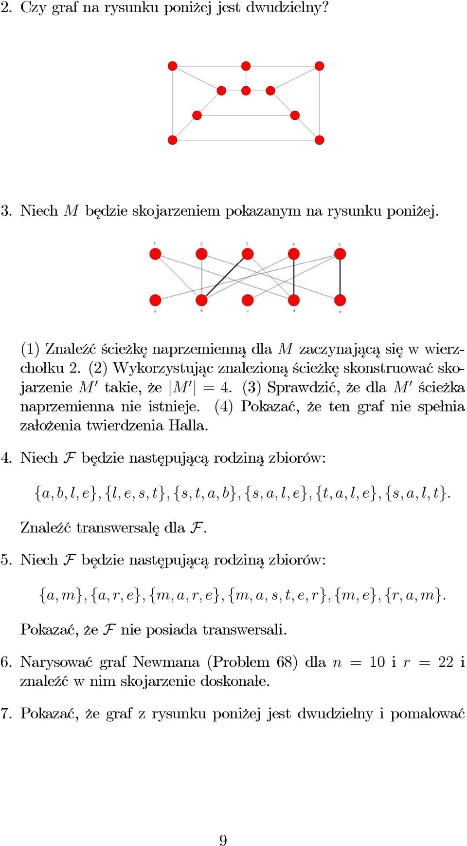 (4) Pokazać, że ten graf nie spełnia założenia twierdzenia Halla. 4. Niech F będzie następujac arodzin azbiorów: {a, b, l, e}, {l, e, s, t}, {s, t, a, b}, {s, a, l, e}, {t, a, l, e}, {s, a, l, t}.