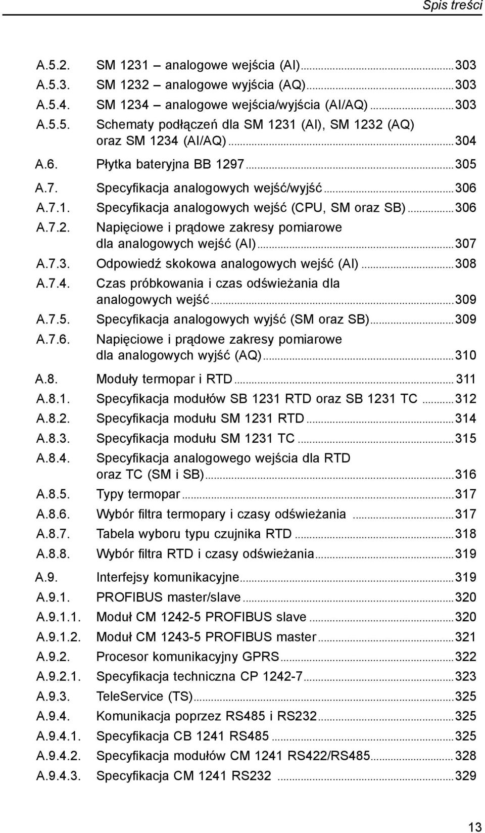 ..306 Specyfikacja analogowych wejść (CPU, SM oraz SB)...306 Napięciowe i prądowe zakresy pomiarowe dla analogowych wejść (AI)...307 Odpowiedź skokowa analogowych wejść (AI).